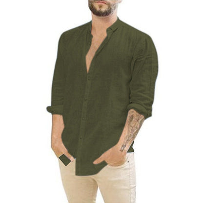 Men's Retro Standing Collar Cardigan, New Casual Long Sleeved Cotton Linen Solid Color Shirt, Men'S Shirt, Men'S Shirt