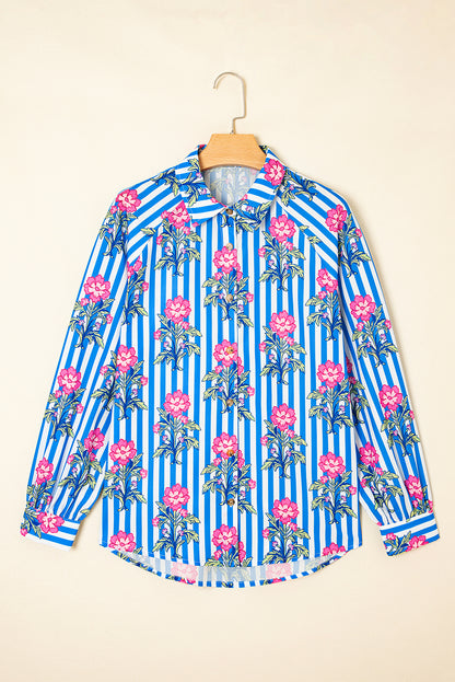 Blauw gestreept overhemd met bloemenprint en losse pasvorm