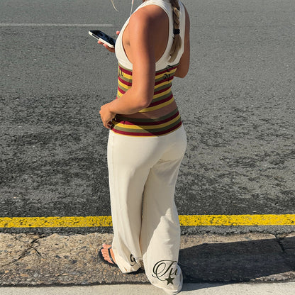Womens Striped Crop Top and Flared Pants Set
