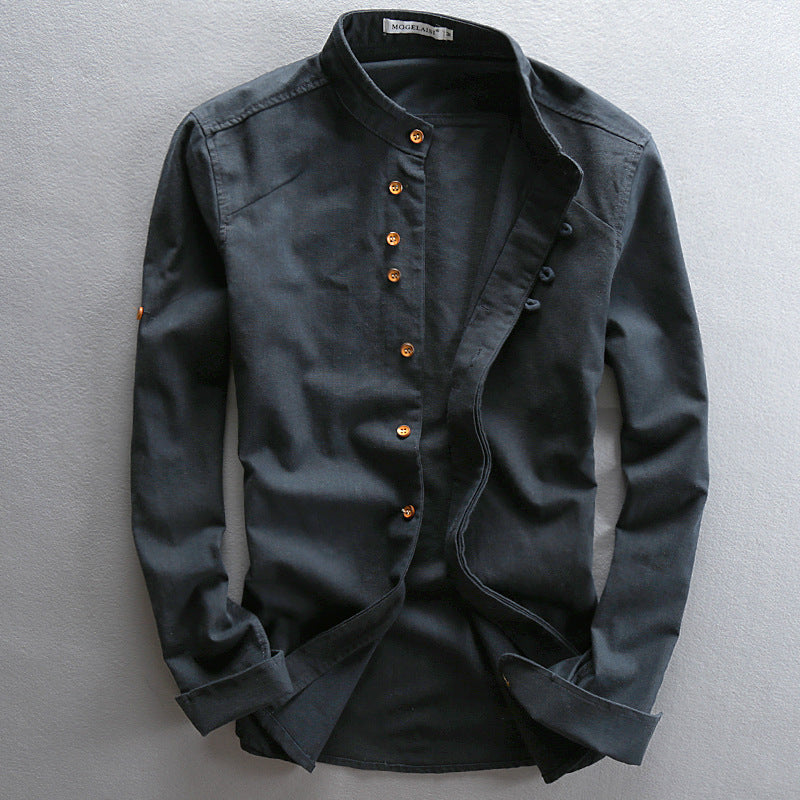 Men's Linen Cotton Stand Collar Casual Shirt