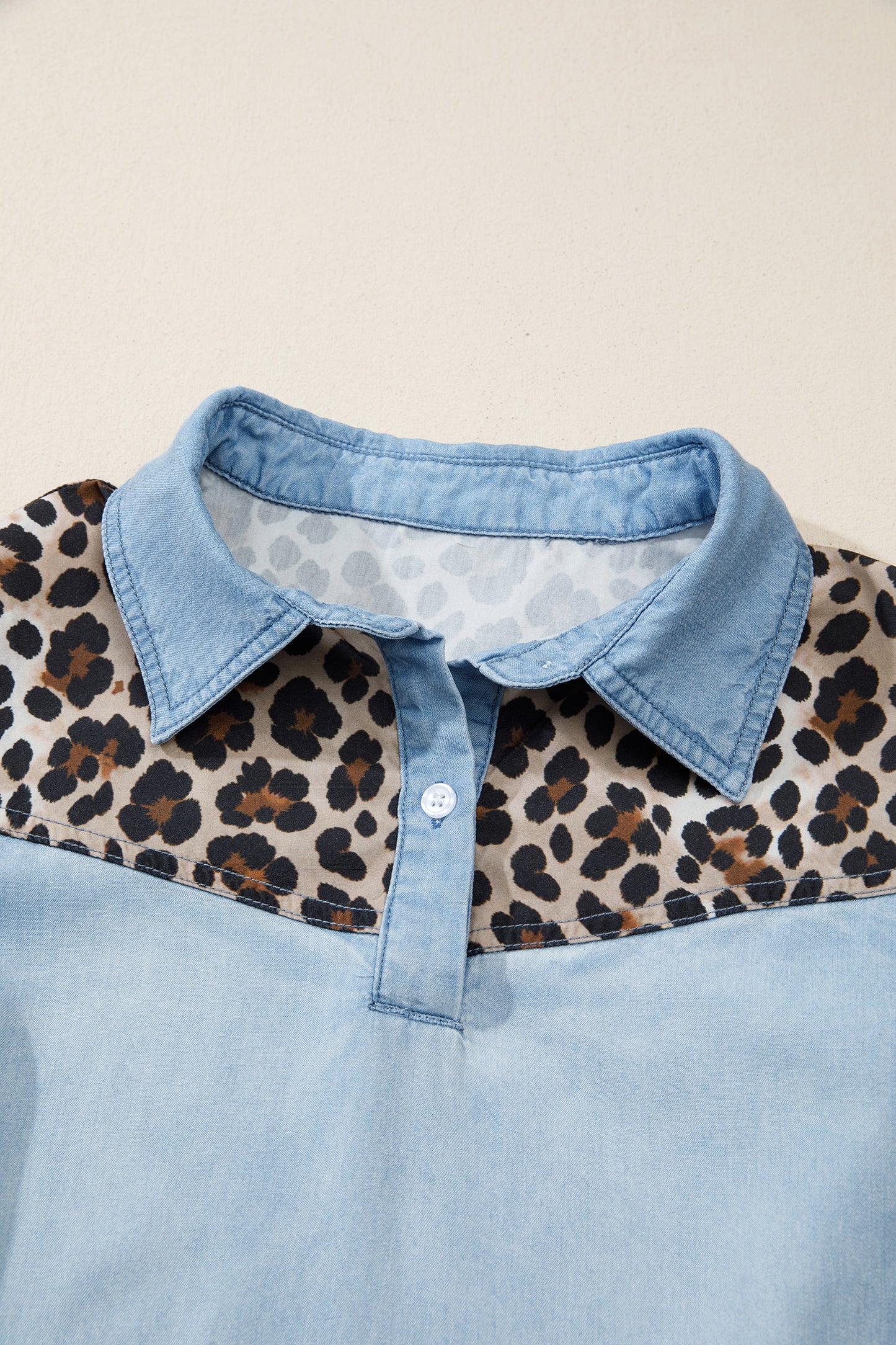 Myosotis Denim Color Block Leopard Patchwork Shirt Collar Mini-jurk
