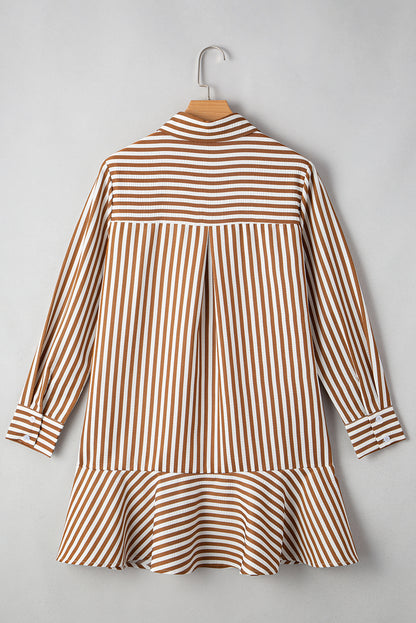 Bruin gestreepte blouse-jurk met ruches aan de zoom kraag en lange mouwen