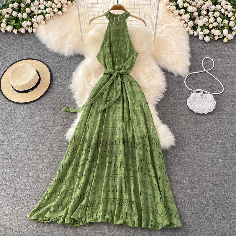 Beach Dress Summer Halter Neck Off Shoulder Hollow Lace Dress Seaside Holiday Elegant Big Swing Long Skirt Summer