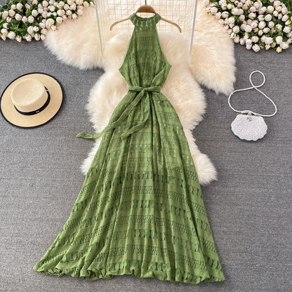 Beach Dress Summer Halter Neck Off Shoulder Hollow Lace Dress Seaside Holiday Elegant Big Swing Long Skirt Summer