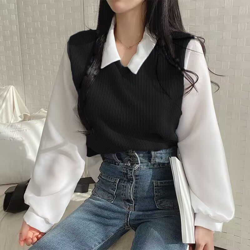 Chic Oversized Two-Piece Look Women's Long Sleeve Polo Neck Sweatshirt with Ribbed Stitching, Loose Fit and Versatile Casual Top