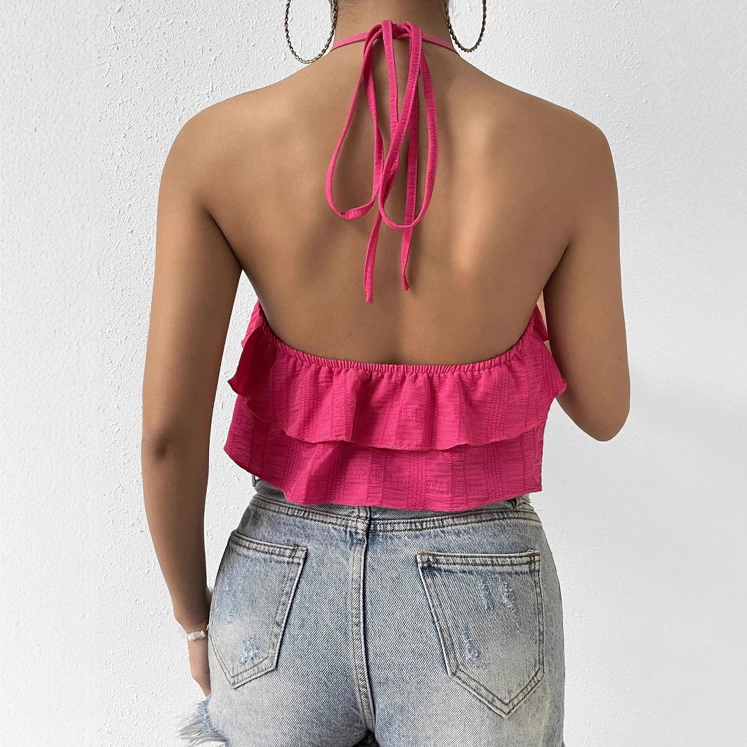 Women's sexy hot girl vest from Europe and America, summer backless design, niche hanging neck sleeveless top