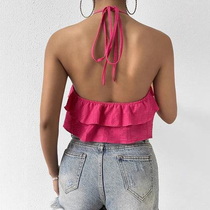 Women's sexy hot girl vest from Europe and America, summer backless design, niche hanging neck sleeveless top
