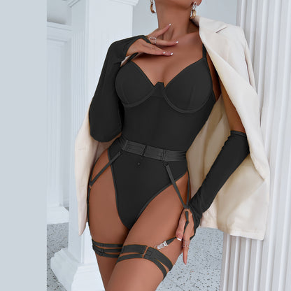 Sexy Lingerie Mesh Strap Splicing with Gloves Suspender Bodysuit Set
