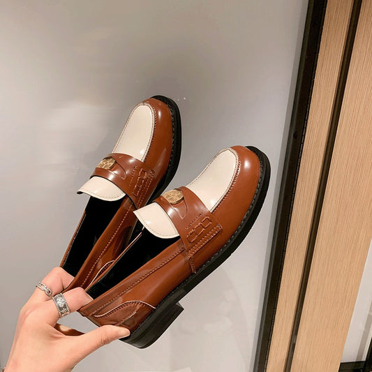 British style retro gold coin slip-on flat loafers casual fashion color matching round toe low heel single shoes