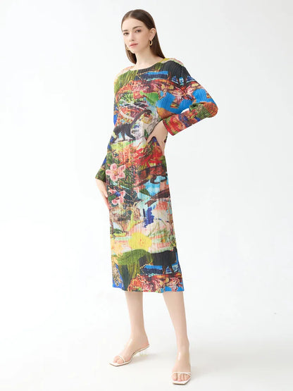 Miyake geplooide jurk met lange mouwen en print voor dames