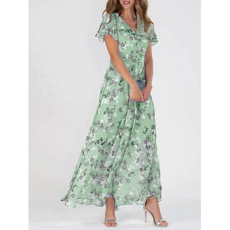 Womens Floral Print Chiffon V Neck Ruffled Swing Dress Short Sleeve Midi Beach Long Dress