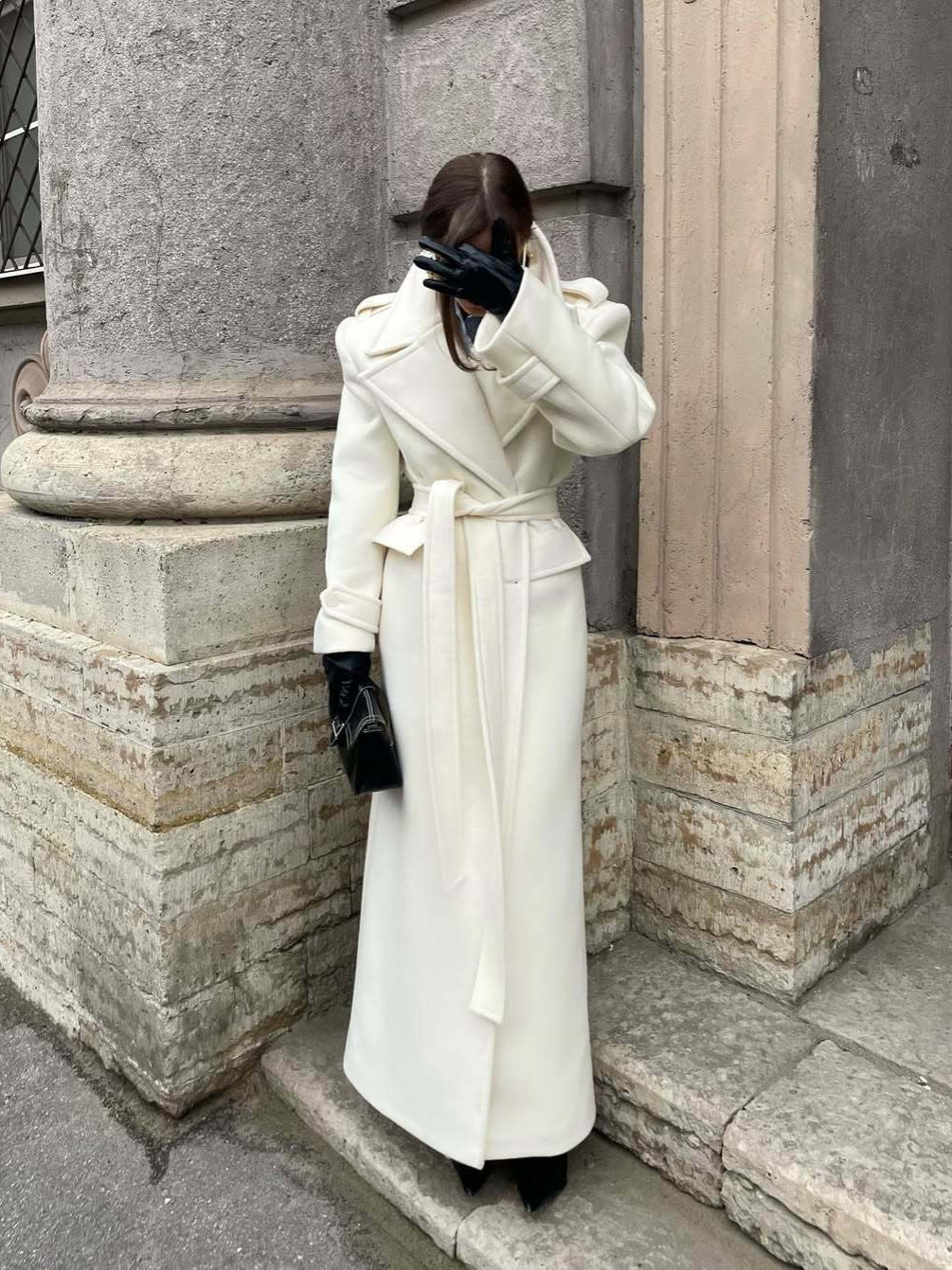 Women Casual Stand Collar Single Breasted Tie Long Coat