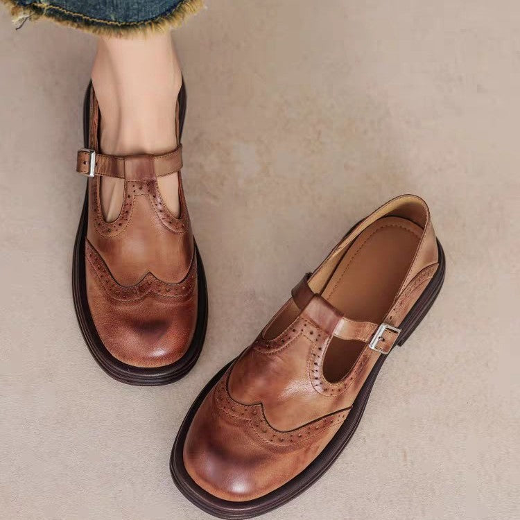 Retro colored fabric block small leather shoes