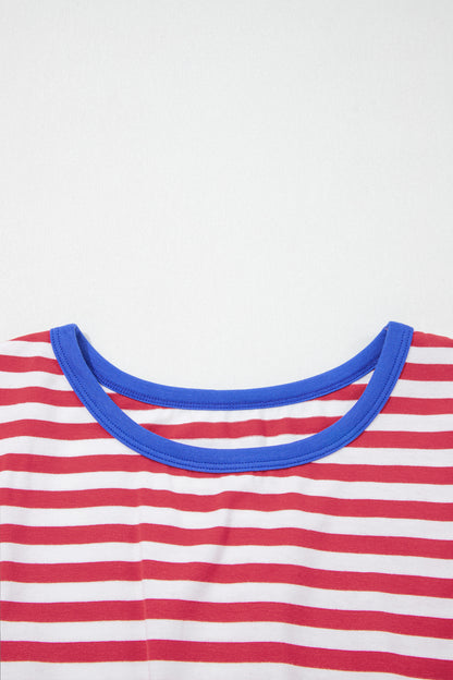 Gestreepte mini-jurk met strik contrasterende bies korte mouwen en ronde hals
