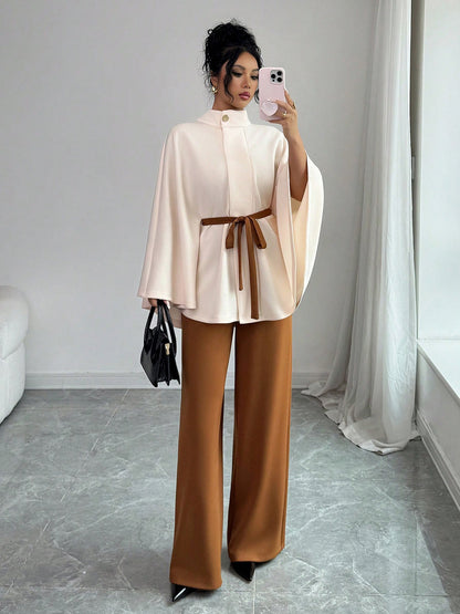 Women's Mock Neck Waist-Tie Short Woolen Coat Set