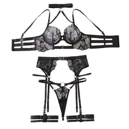 Embroidered Sheer Lingerie Garter Set