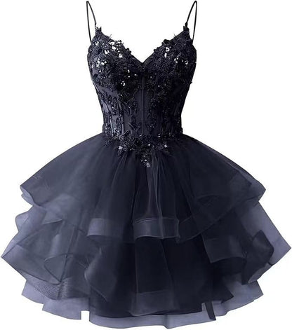 Spaghetti Strap Beaded Sequined Puffy Evening Dress