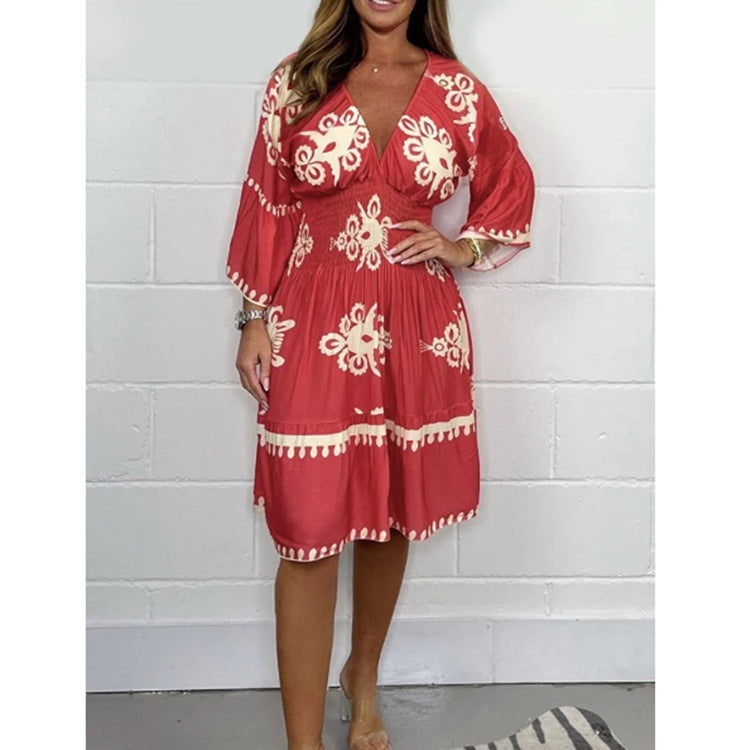 Elastic waist summer printed seven quarter sleeve dress