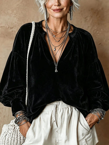 Women's Retro Ruched V-Neck Suede Loose Top