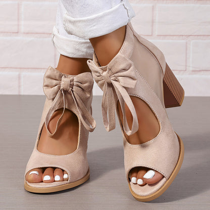 Womens Chunky Heel Sandals with Bow Suede High Heels Hollow Sandals