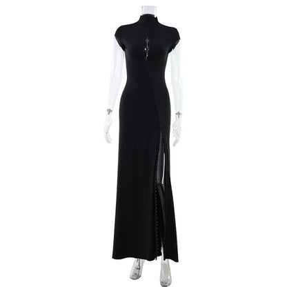 Elegant Black Hollow Detail Floor Length Dress