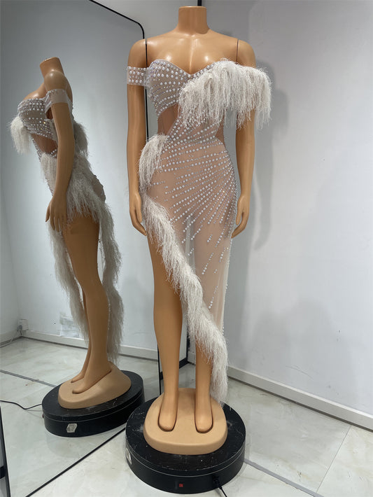 Pearl Mesh One Shoulder Evening Dress