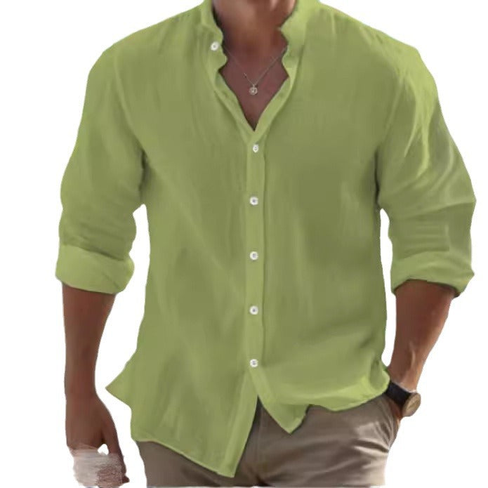 Casual Linen Button-Down Shirt for Men Long Sleeve Solid Color Stand Collar Summer Beach Wear Everyday Clothing