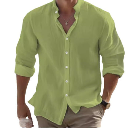 Casual Linen Button-Down Shirt for Men Long Sleeve Solid Color Stand Collar Summer Beach Wear Everyday Clothing