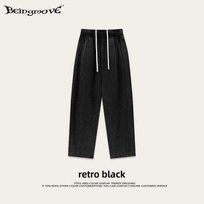 Retro Washed 400g Fleece Lined Curved Cut Straight Leg Sweatpants for Men