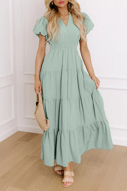 Effen maxi-jurk met V-hals korte pofmouwen en hoge taille