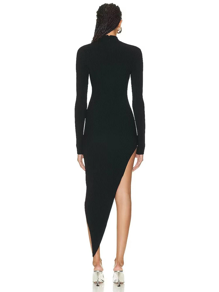 Women's Sexy Black Diamonds Hollow Out Split Irregular Bodycon Bandage Dress Elegant Party Celebrity Dresses Gown
