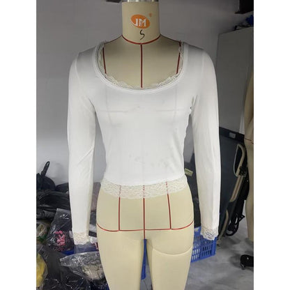 Womens Long Sleeve Lace Trim T-shirt