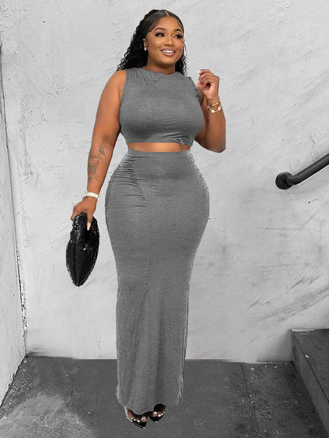 Sexy Bodycon Skirt + Sleeveless Long Top Two-Piece Set Women's Summer Simple Solid Color