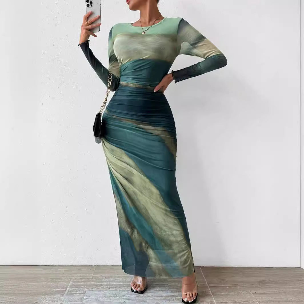 Mesh Print Sleeveless Ruffled Detail Bodycon Round Neck Dress