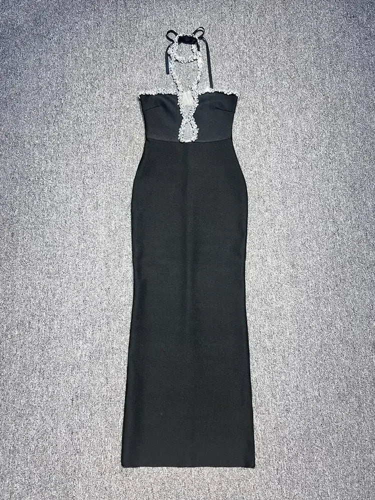Zwarte strapless luxe strakke lange bandagejurk met steentjes en split
