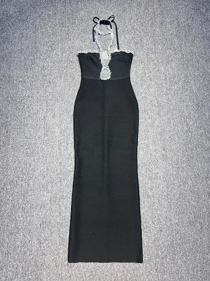 Zwarte strapless luxe strakke lange bandagejurk met steentjes en split