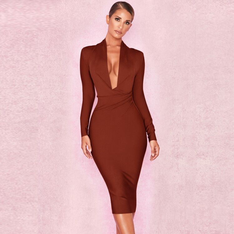 Black V Neck Long Sleeve Lady's Party Dresses Newest Spring Sexy Bodycon Elastic Midi Bandage Dress