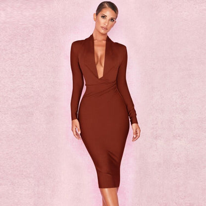 Black V Neck Long Sleeve Lady's Party Dresses Newest Spring Sexy Bodycon Elastic Midi Bandage Dress