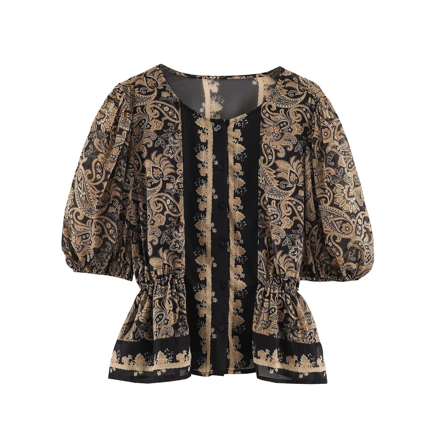 Retro slim fit printed round neck top