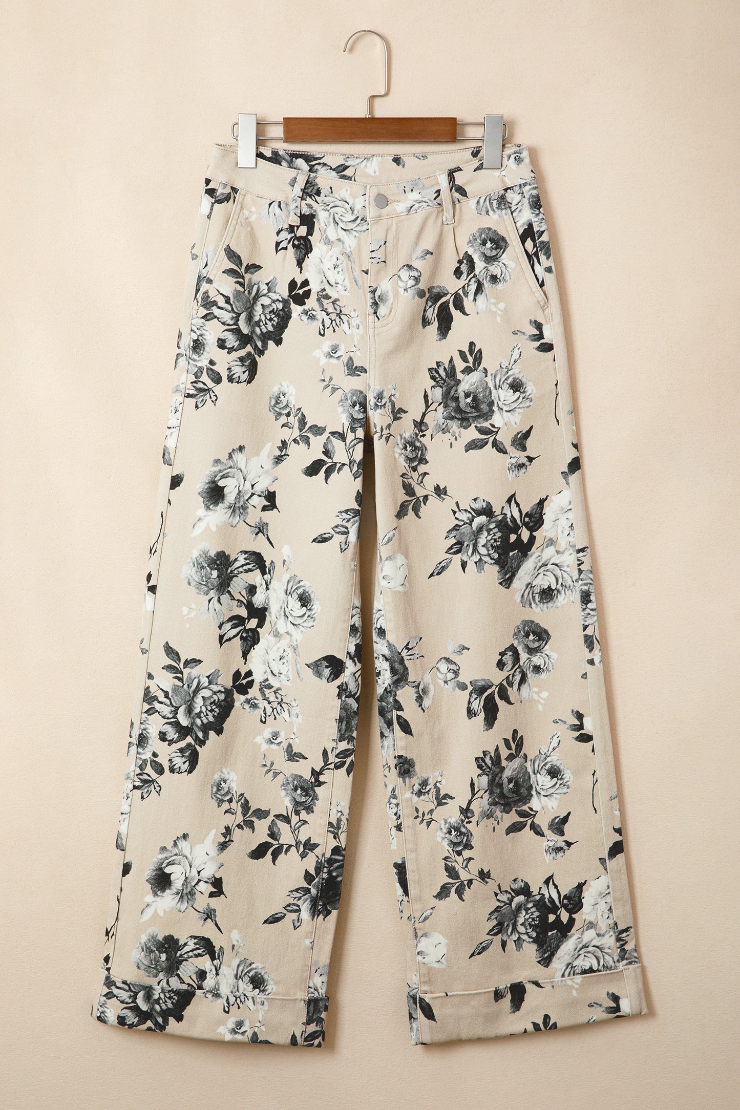 Beige retro jeans met bloemenprint en omgeslagen pijpen