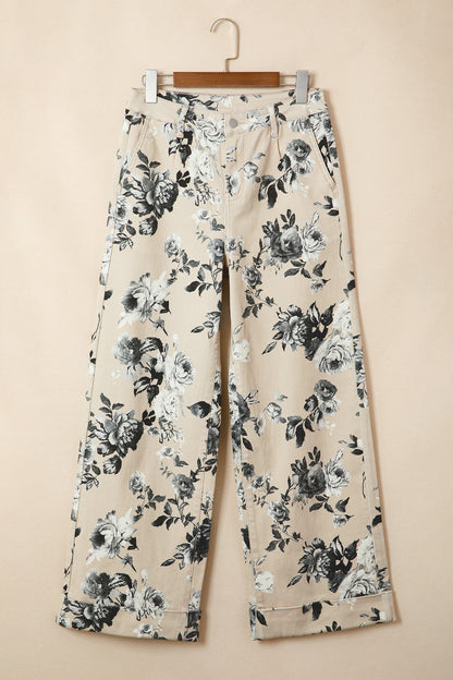 Beige retro jeans met bloemenprint en omgeslagen pijpen