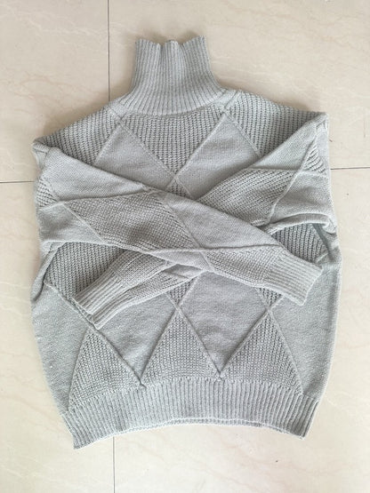 Womens Solid Color High Neck Diamond Pattern Loose Knitwear Sweater