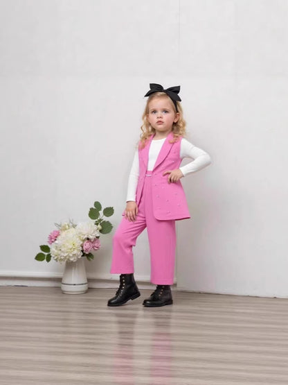Girls' three-piece set: pink beaded blazer