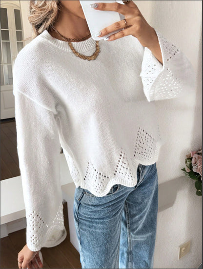 Womens Plus Size Sweater with Hollow Out Irregular Hem Round Neck Knit Top