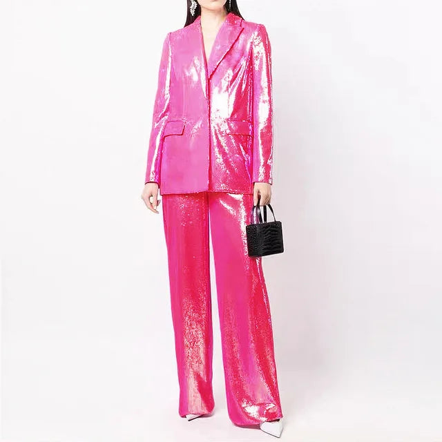Women Pant Suits  Autumn Elegant Shiny Sequins Blazer Jacket Loose Long Wide Leg Pants Two Pieces Sets New Arrival