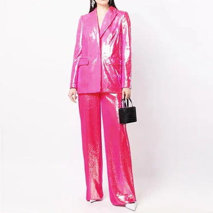 Women Pant Suits  Autumn Elegant Shiny Sequins Blazer Jacket Loose Long Wide Leg Pants Two Pieces Sets New Arrival