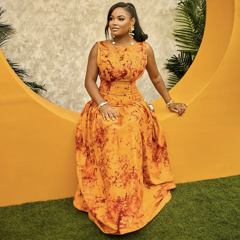 Lage Taille Bedrukte Mouwloze Slim Fit Lange Jurk