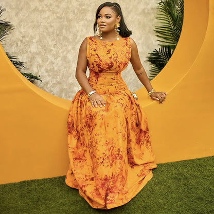 Lage Taille Bedrukte Mouwloze Slim Fit Lange Jurk