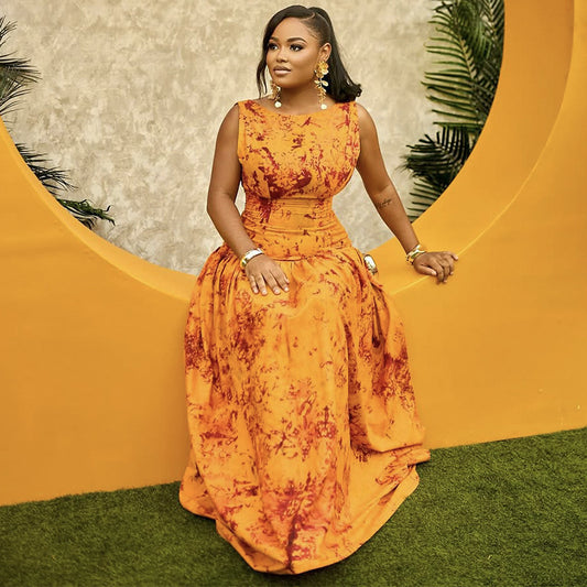 Lage Taille Bedrukte Mouwloze Slim Fit Lange Jurk