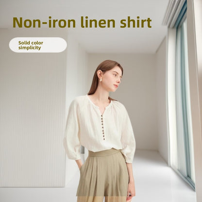 French Linen Shirt Women Three Quarter Sleeve Casual Top